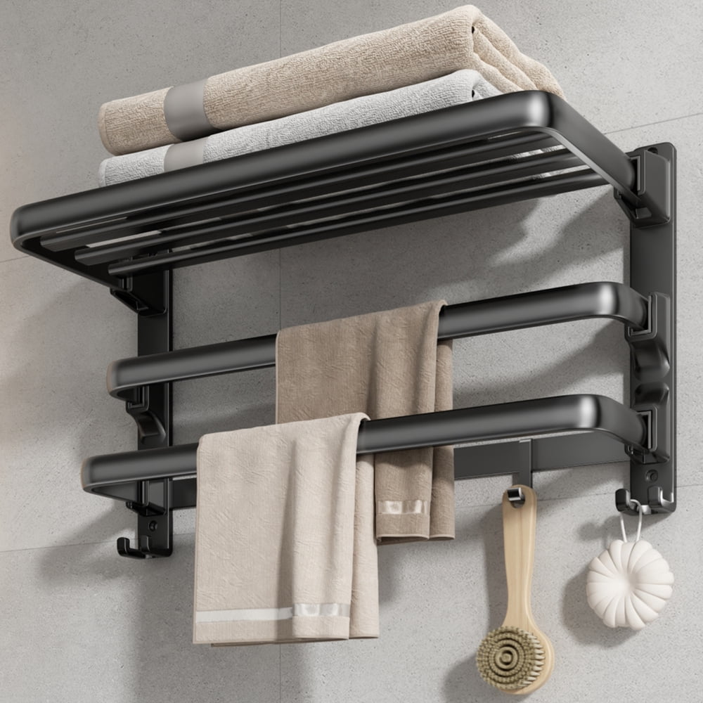 Towel Storage Rack, Wall-Mounted Metal Shelf with Swing Bars and Hooks, Black  product photo