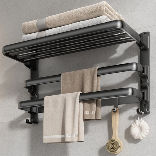 Towel Storage Rack, Wall-Mounted Metal Shelf with Swing Bars and Hooks, Black  product photo