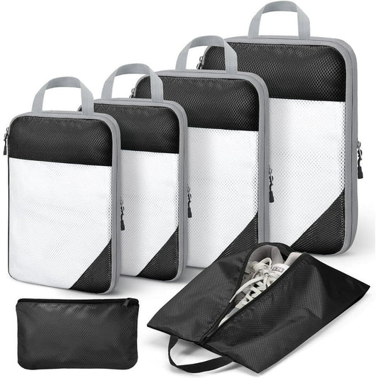 Travel Compression Packing Cubes, 6-Piece Expandable Luggage Organizer Set with Shoe Bag, Black and White  product photo