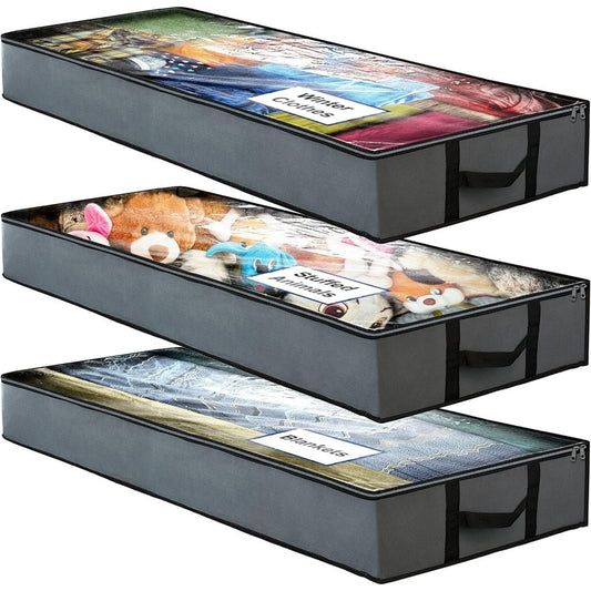 Under Bed Fabric Storage Bags, Zippered with Clear Window, Gray Clothes Organizer, 3-Pack  product photo