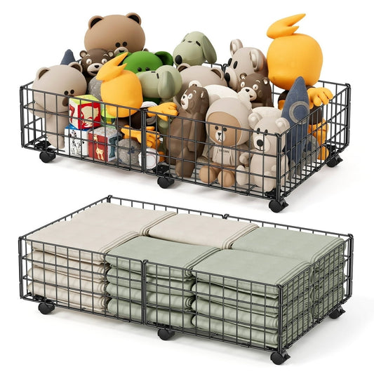 Under Bed Rolling Storage Drawers with Wheels, Low-Profile Black Wire Organizer, 2-Pack  product photo