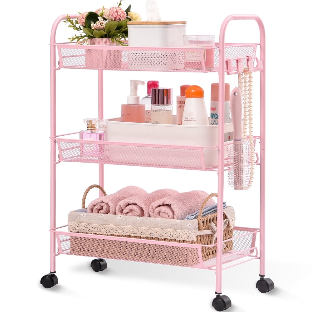 Utility Storage Cart, 3-Tier Rolling Mesh with Handle, Pink Multipurpose Organizer  product photo