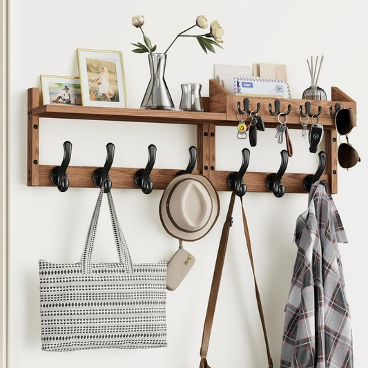 Wall Mounted Coat Rack, 8-Hook Rustic Wood Entryway Shelf with Hooks, Walnut Brown  product photo