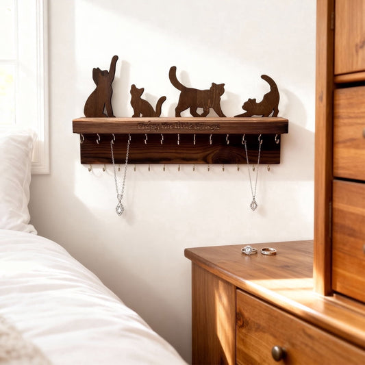 Wall Mounted Jewelry Organizer, Wood Necklace & Earring Holder Rack with Shelf, Natural  product photo
