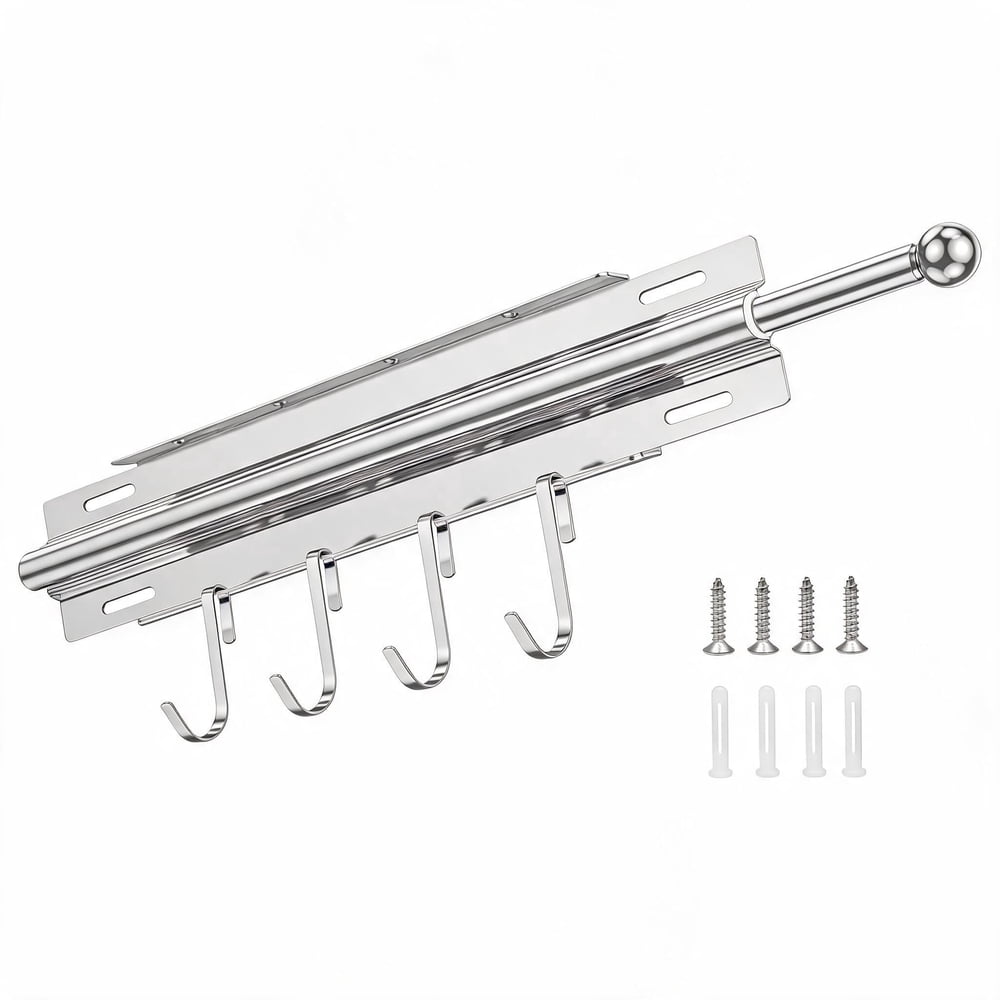 Wall Mounted Valet Rod, Retractable Pull-Out Clothes Bar with Hooks, Chrome  product photo