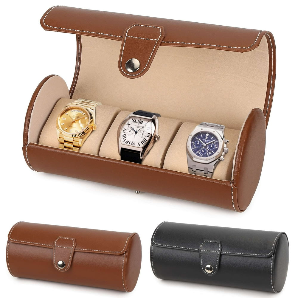 Watch Roll Travel Case, 3-Slot Brown Leather Portable Storage Organizer Pouch  product photo