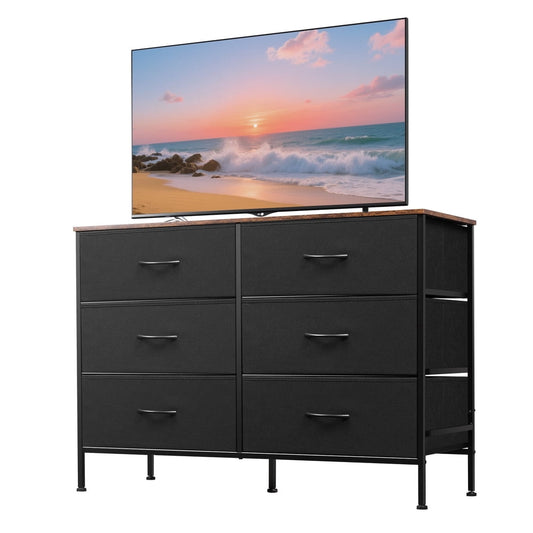 Wide 6-Drawer Fabric Dresser with Wood Top, Storage Organizer for Bedroom and Closet, Black 6-Drawer product photo