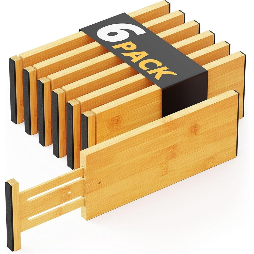 Bamboo Drawer Dividers, 6-Pack Adjustable Spring-Loaded Drawer Organizers, Natural  product photo