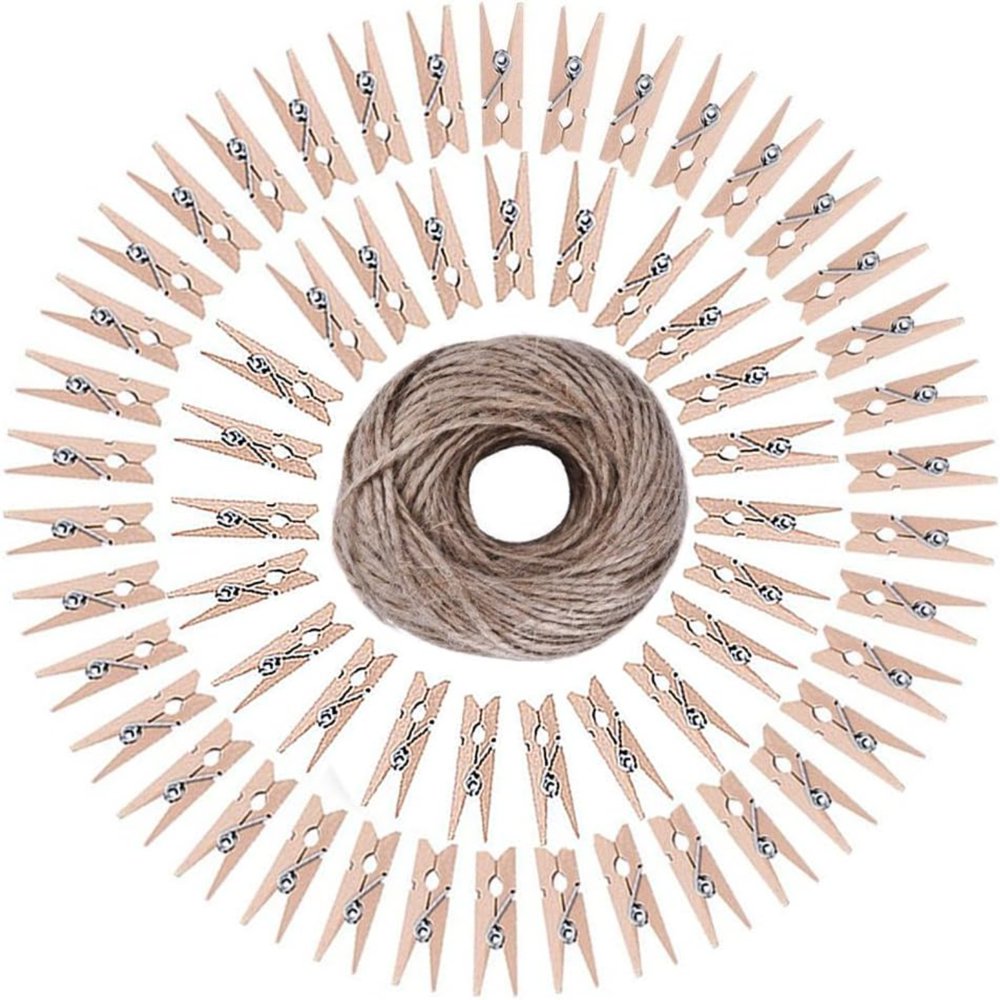 Mini Wooden Clothespins, 48-Pack Natural Drying Pegs with Springs Plus Jute Twine, Natural  product photo