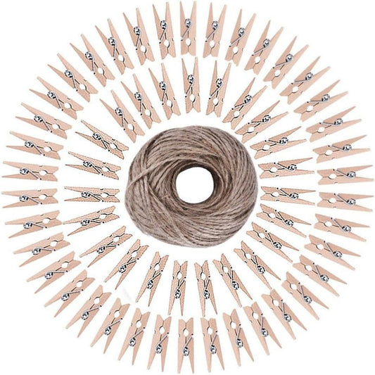 Mini Wooden Clothespins, 48-Pack Natural Drying Pegs with Springs Plus Jute Twine, Natural  product photo