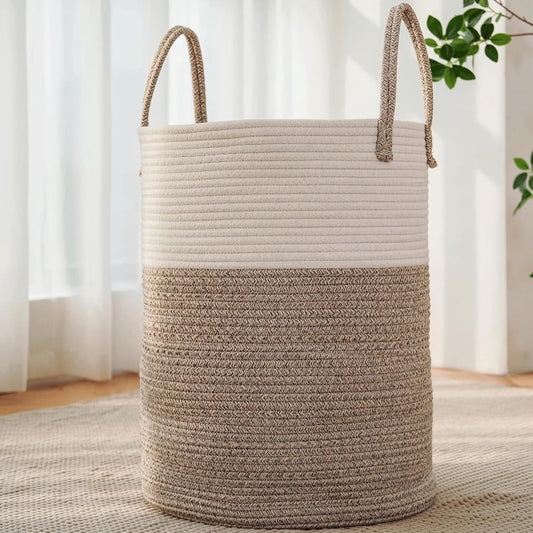 Woven Laundry Basket, Large Cotton Rope Hamper with Handles Tall, Natural Two-Tone  product photo